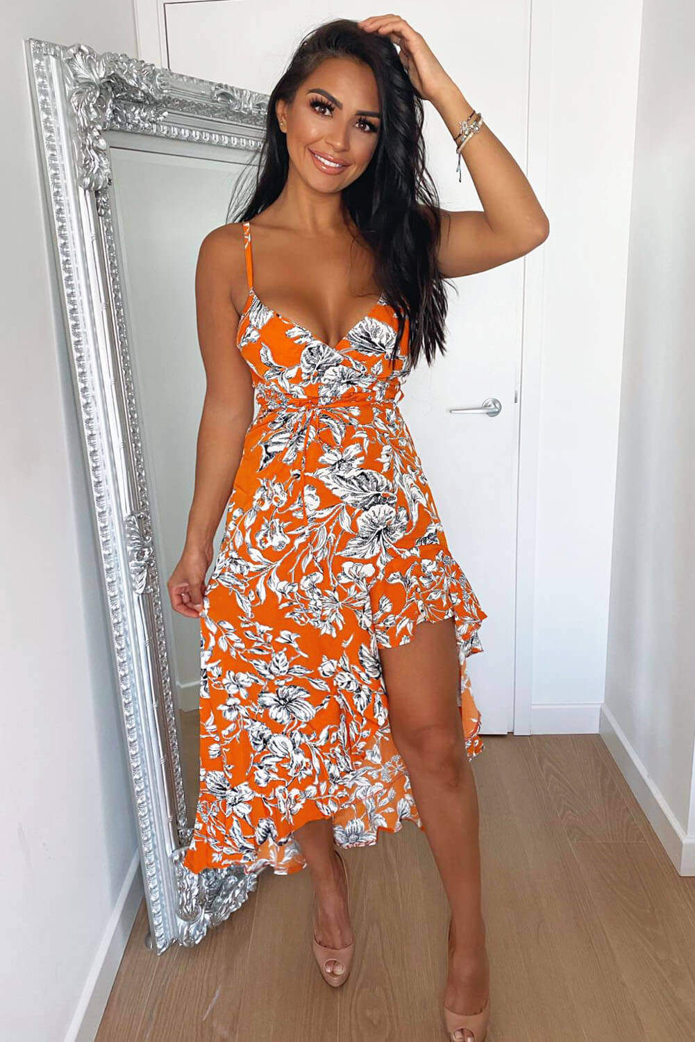 Orange Floral Frill Hem Dress with Tie Waist – AX Paris