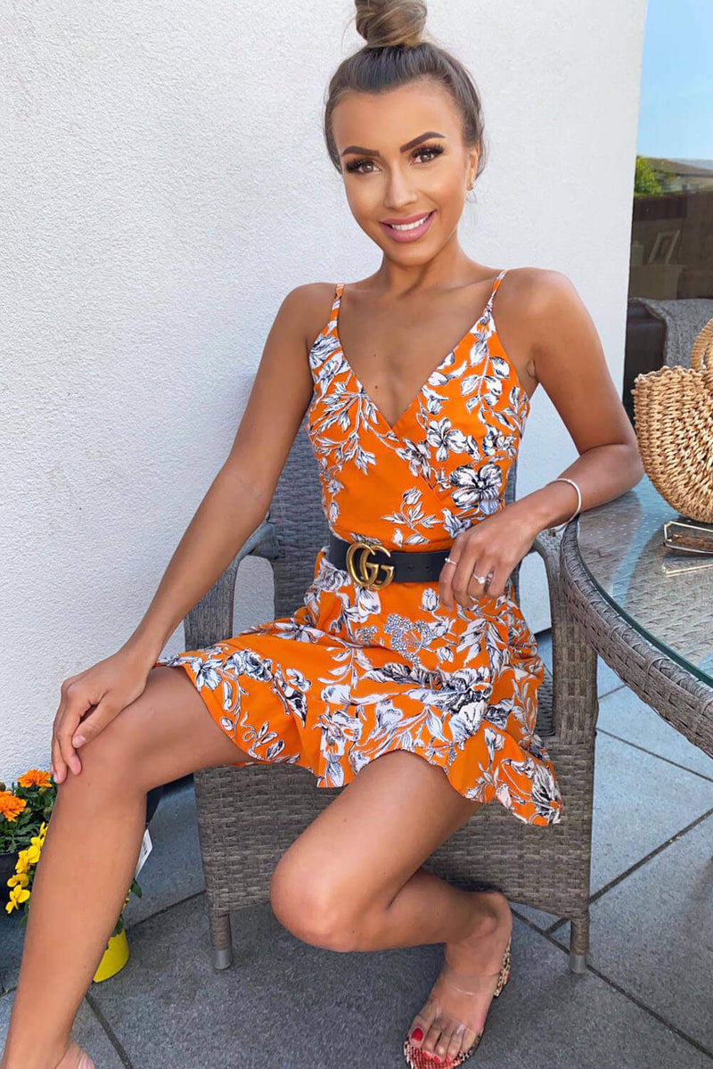 Orange Floral Wrap Skater Dress