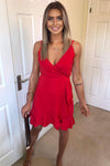 Red Strappy Frill Hem Mini Dress