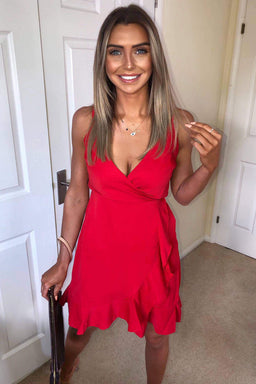 Red Strappy Frill Hem Mini Dress