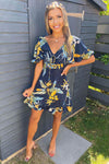 Navy Floral Tea Dress with Frills