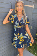 Navy Floral Tea Dress with Frills