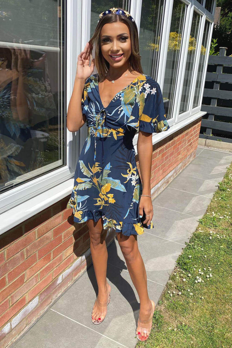 Navy Floral Tea Dress with Frills