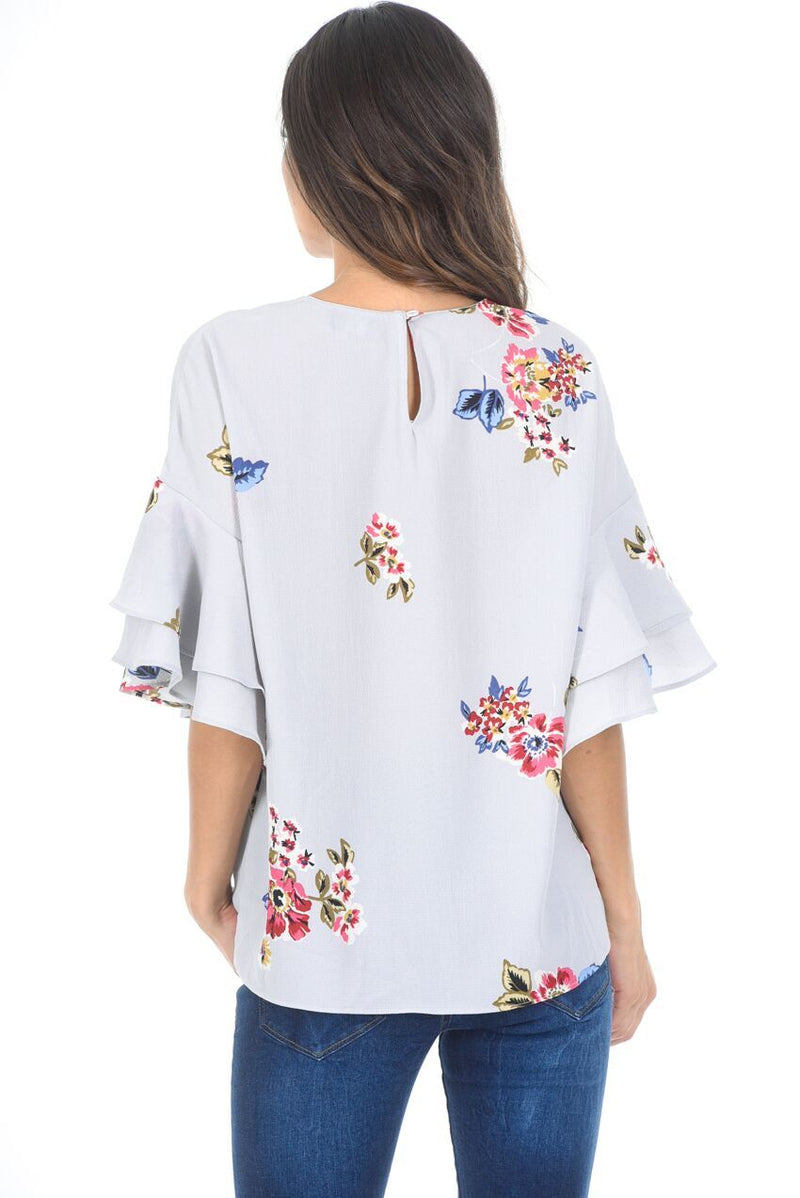 Grey Floral Frill Sleeve Top