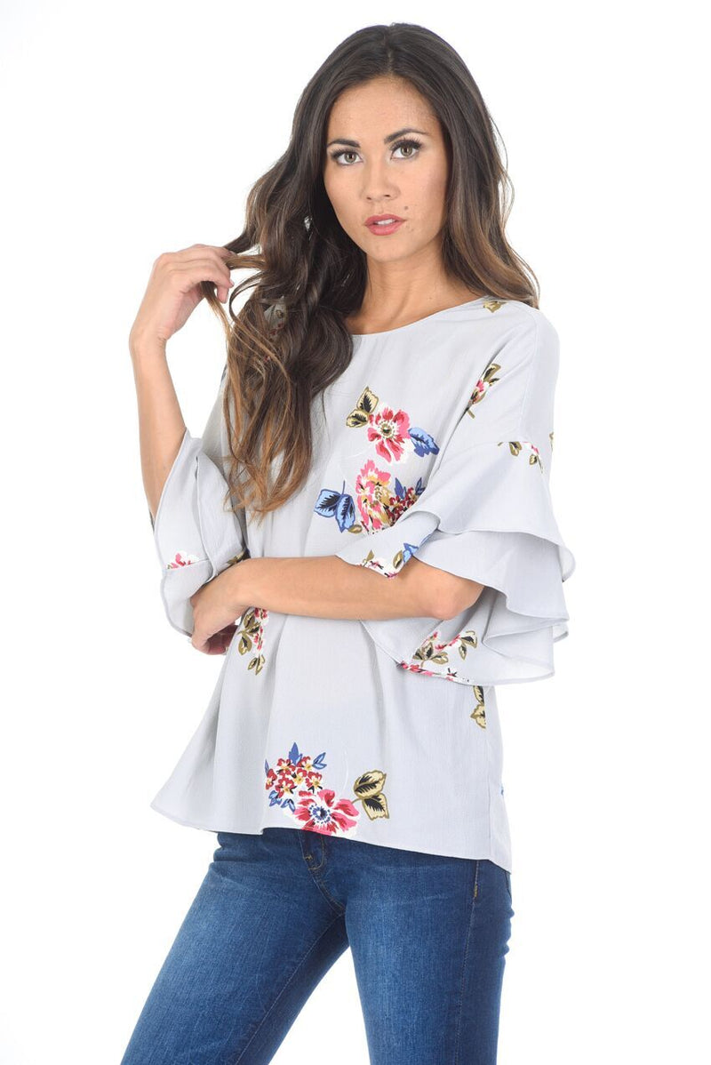 Grey Floral Frill Sleeve Top