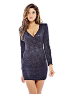 Long Textured Sequin Sleeve V Front Dress