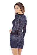 Long Textured Sequin Sleeve V Front Dress