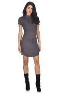 Dark Grey Faux Suede Mini Dress With High Neck