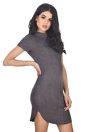 Dark Grey Faux Suede Mini Dress With High Neck