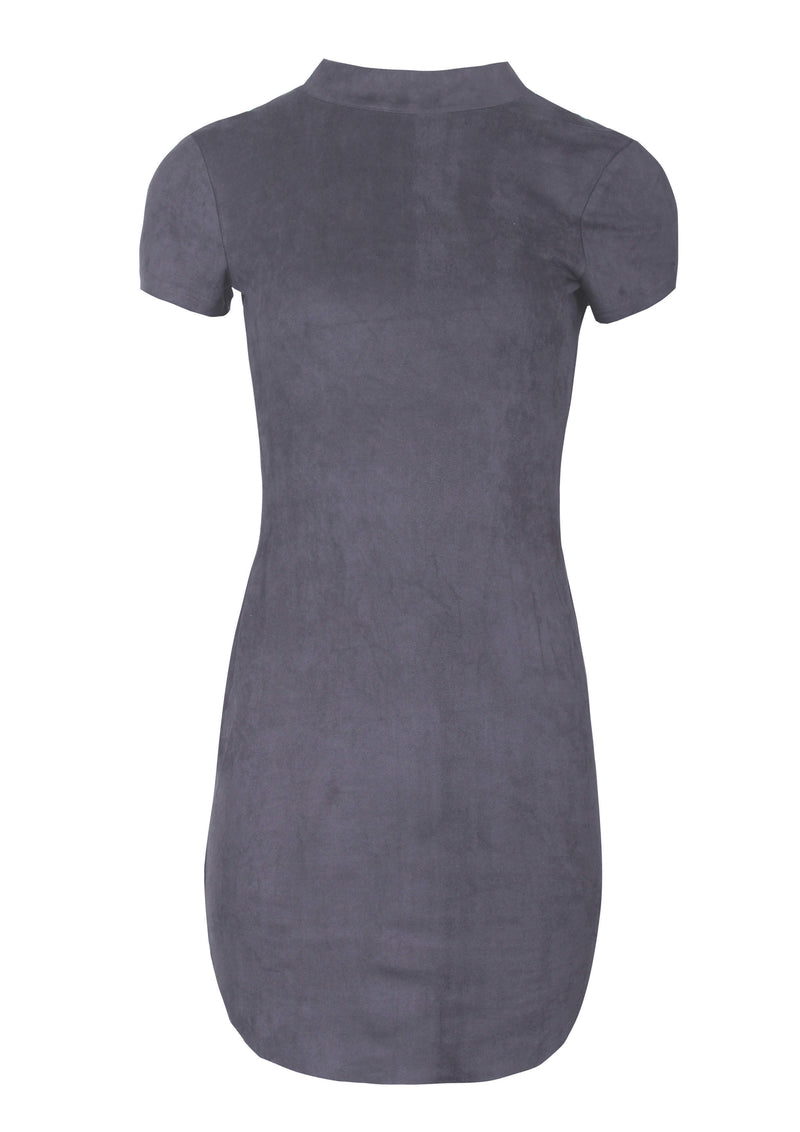 Dark Grey Faux Suede Mini Dress With High Neck