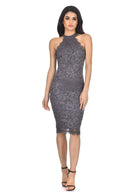 Dark Grey Lace Halter Neck Midi Dress