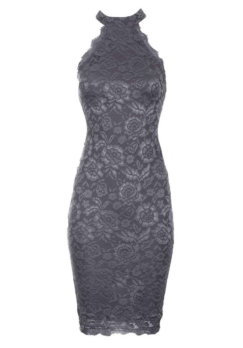 Dark Grey Lace Halter Neck Midi Dress