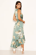 Duck Egg Floral Satin Wrap Frill Dress AX Paris
