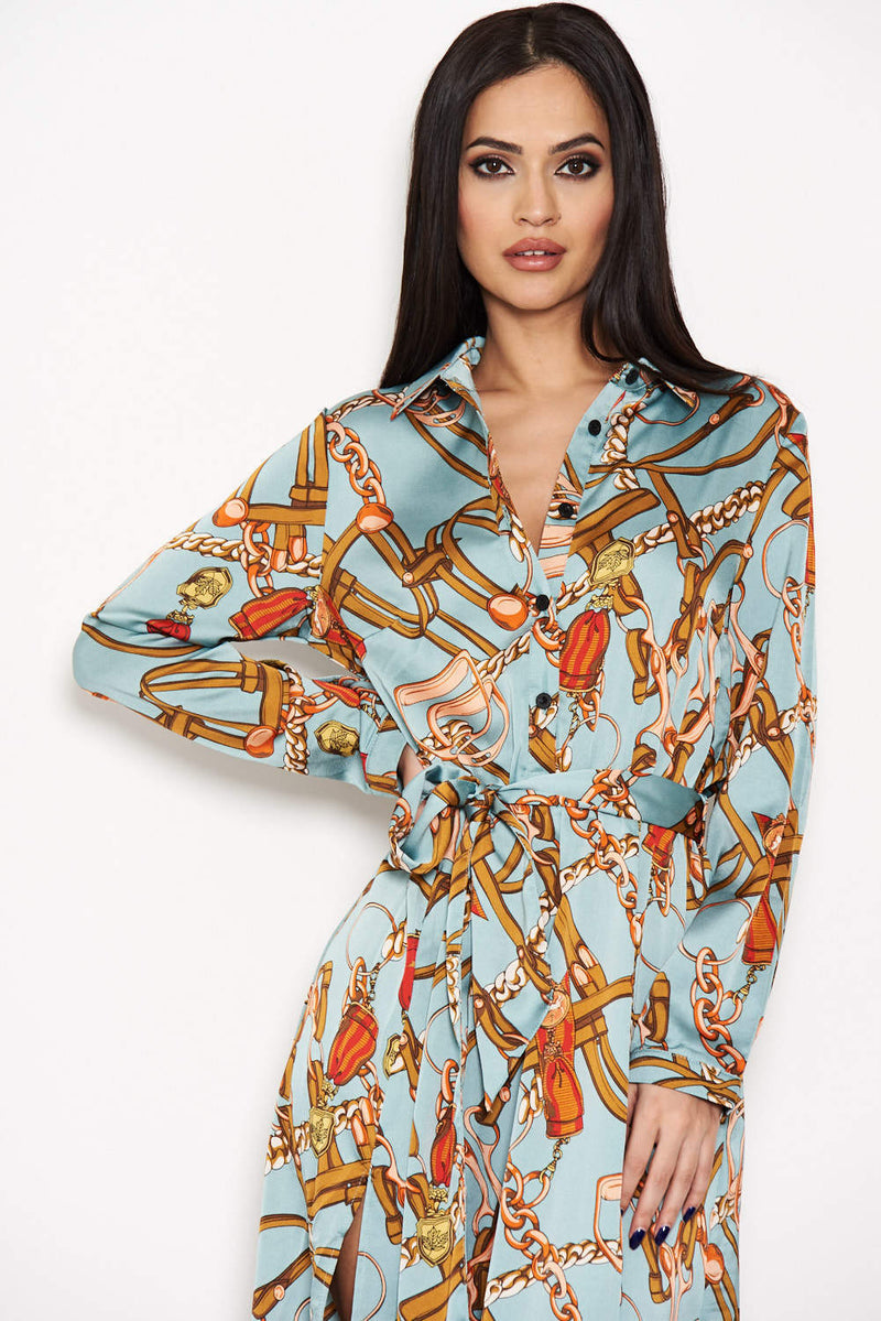 Duck Egg Printed Long Sleeve Shirt Dress