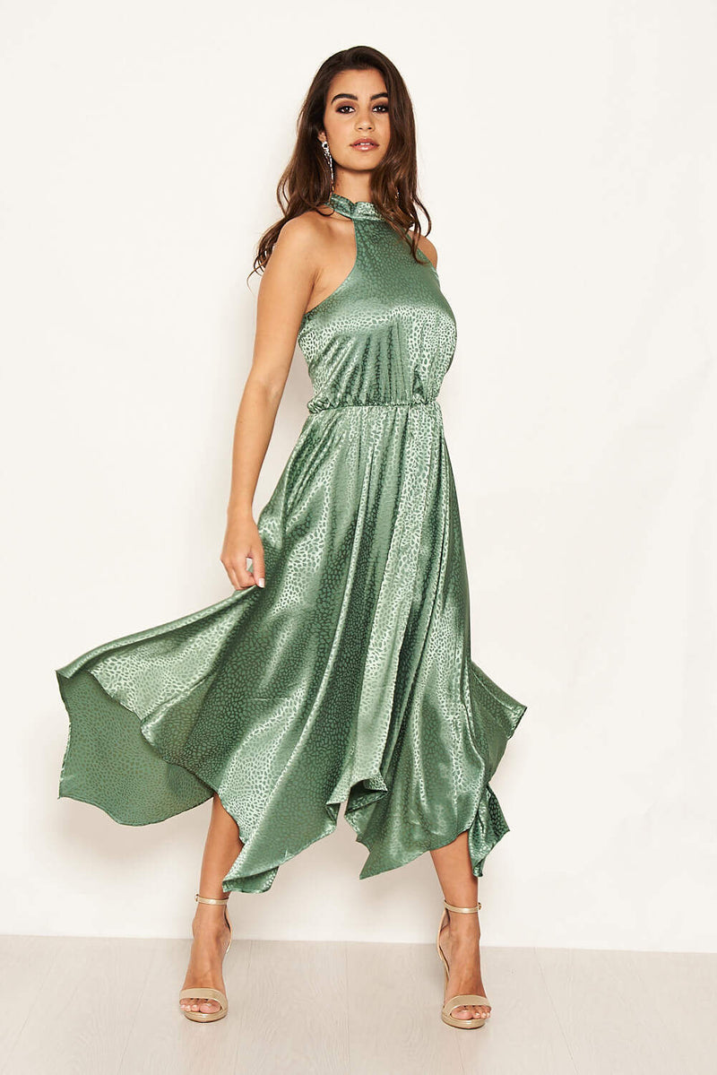 Duck Egg Printed Satin Sleeveless Maxi Dress