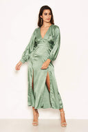 Duck Egg Satin Printed Maxi Dress with Front Splits