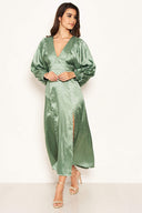 Duck Egg Satin Printed Maxi Dress with Front Splits
