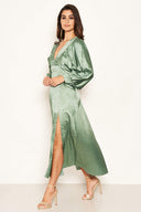 Duck Egg Satin Printed Maxi Dress with Front Splits