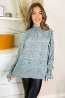 Duck Egg Spotted Ruffle High Neck Top
