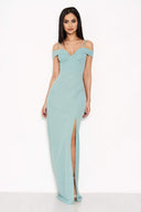 Duck Egg Strappy Off The Shoulder Side Split Maxi Dress