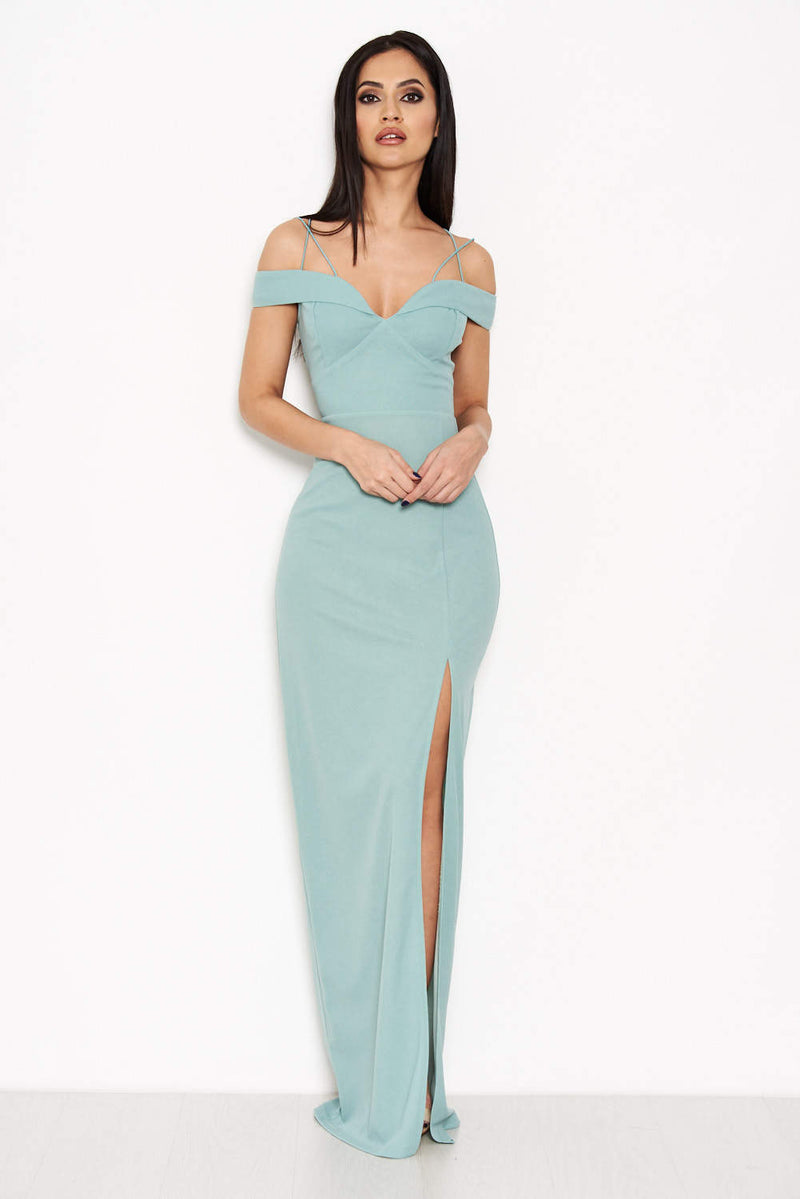 Duck Egg Strappy Off The Shoulder Side Split Maxi Dress