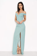 Duck Egg Strappy Off The Shoulder Side Split Maxi Dress