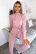 Dusty Pink Ribbed Tie Waist Lounge Set