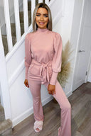 Dusty Pink Ribbed Tie Waist Lounge Set