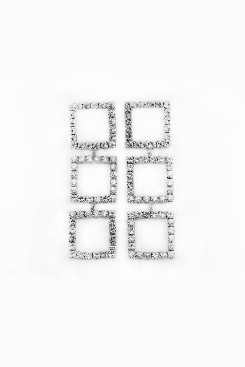 Silver Square Diamante Long Earrings