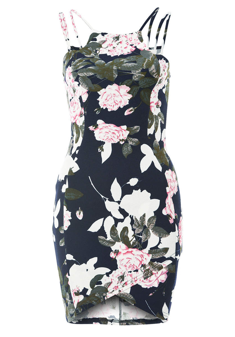 Double Strap Navy Printed Floral Mini Dress