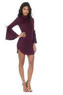Plum Faux Suede Flare Sleeve Dress