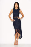 Navy Fishtail Hem Lace Midi Dress