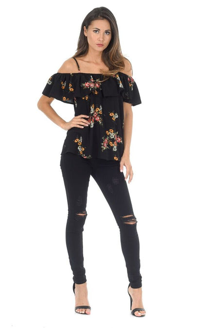 Floral Black Bardot Top