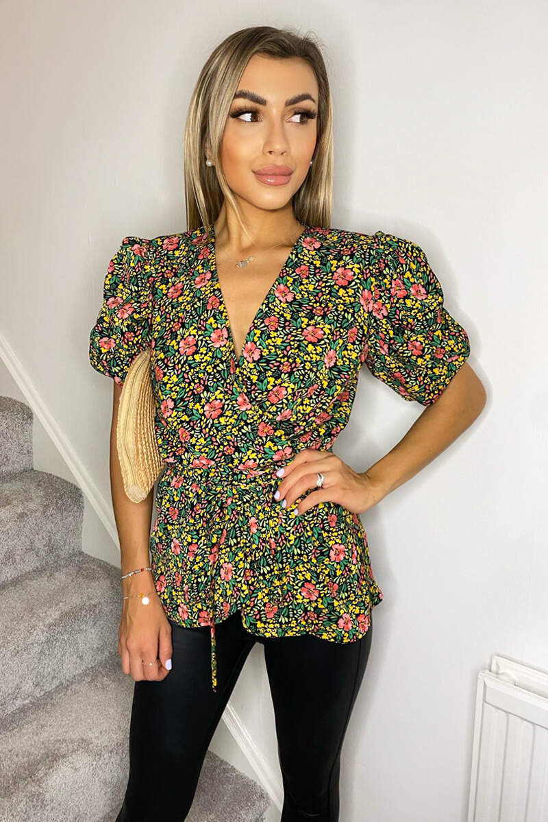 Floral Printed Ruffle Puff Sleeve Wrap Top