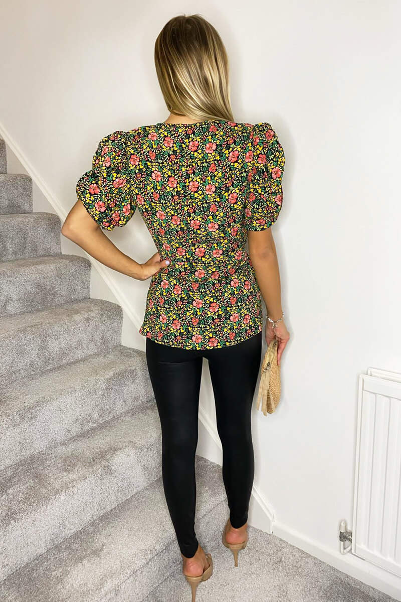 Floral Printed Ruffle Puff Sleeve Wrap Top