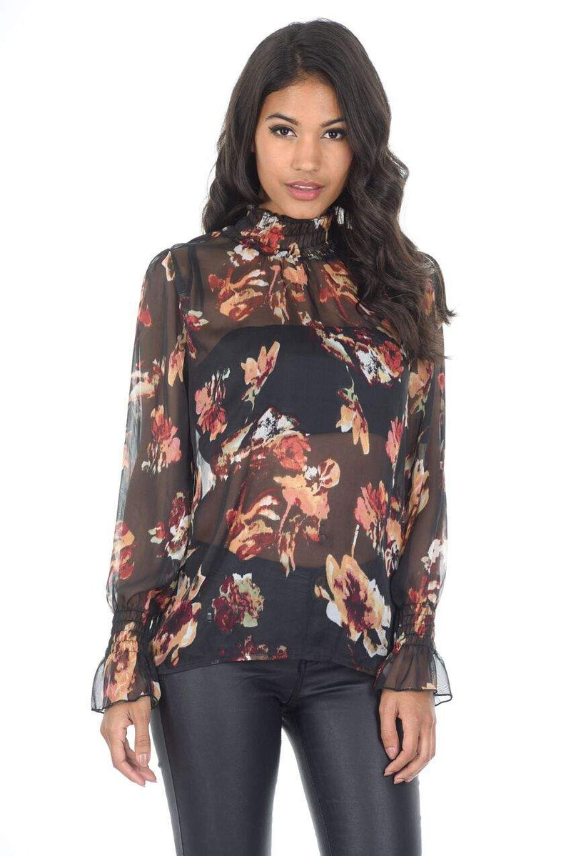 Floral Frill Black High Neck Top