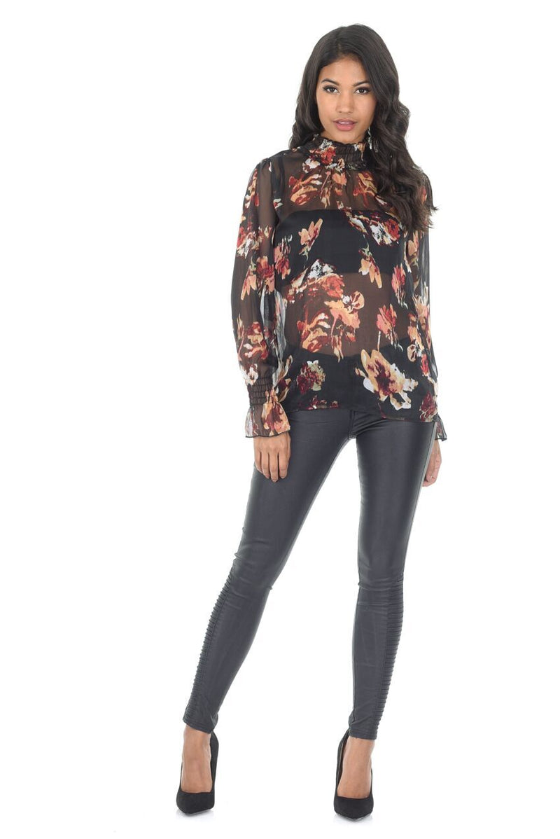 Floral Frill Black High Neck Top