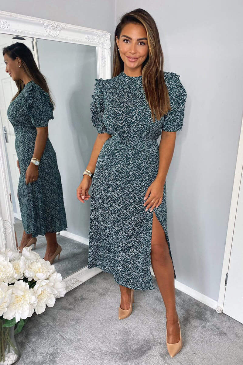 Forest Green Printed Pleated Sleeve Midi Dress – AX Paris