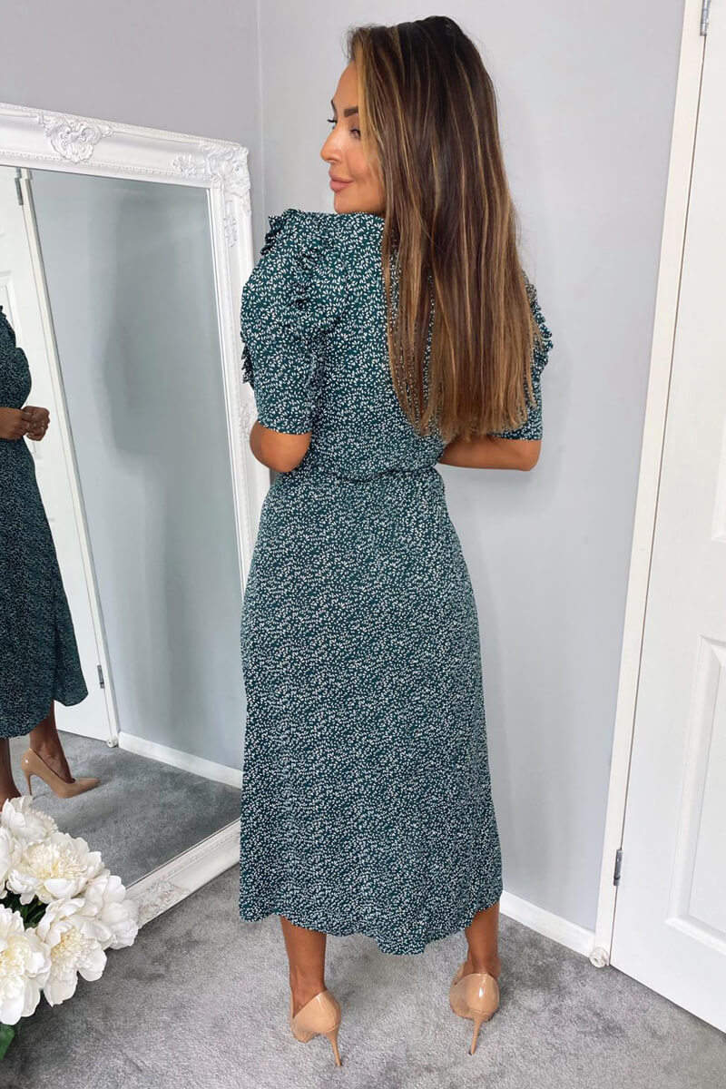 Forest Green Printed Pleated Sleeve Midi Dress