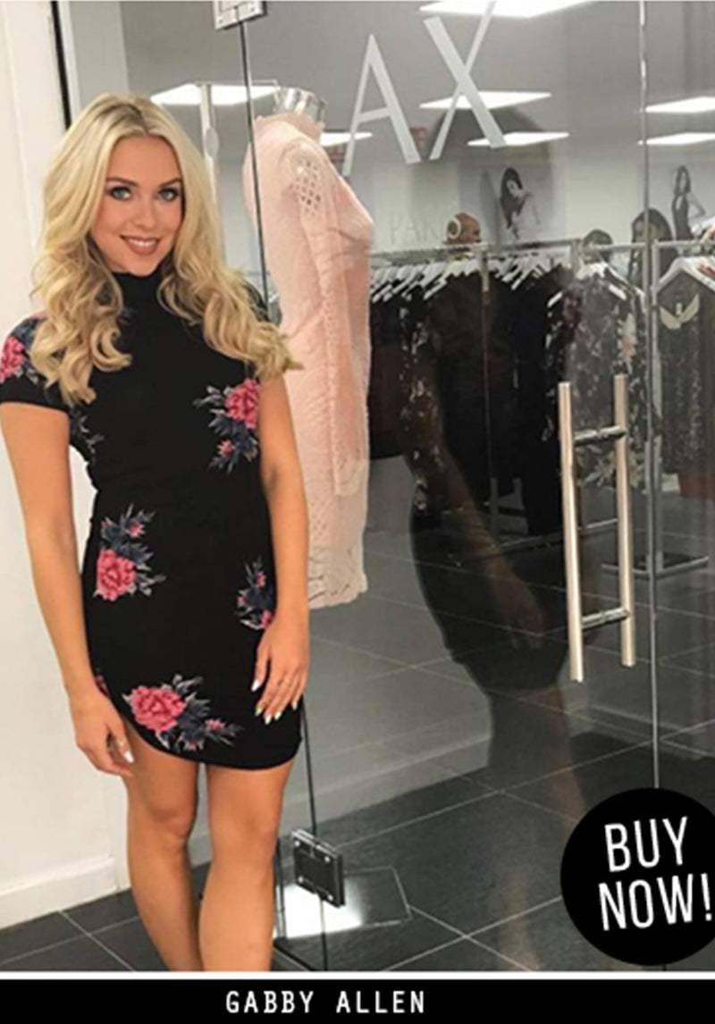 Black High Neck Floral Mini Dress