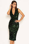 Green Sequin Velvet Bodycon Midi Dress