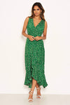 Green Printed Wrap Over Frill Midi Dress
