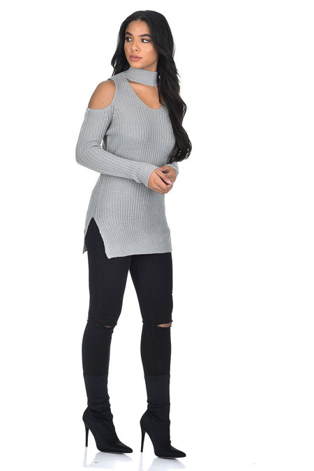 Grey Cold Shoulder Choker Jumper