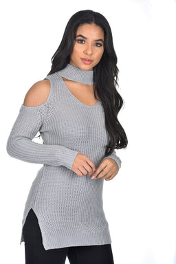 Grey Cold Shoulder Choker Jumper