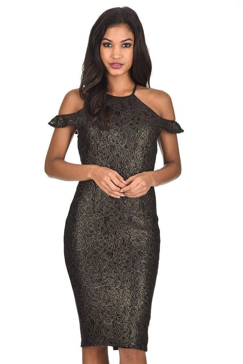 Gold Capped Sleeve Embroidery Bodycon Dress