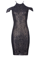 Gold Capped Sleeve Embroidery Bodycon Dress