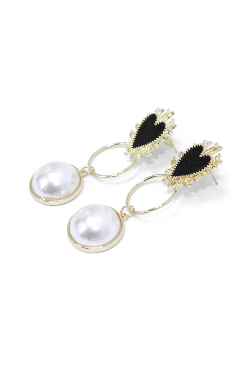 Gold Pearl Heart Long Earrings