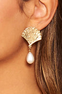 Gold Shell Pearl Drop Earrings