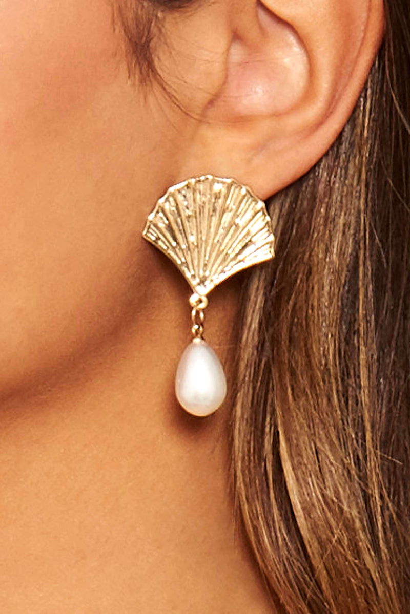 Gold Shell Pearl Drop Earrings