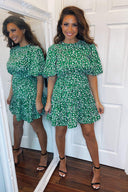 Green Abstract Print Puff Sleeve Dress